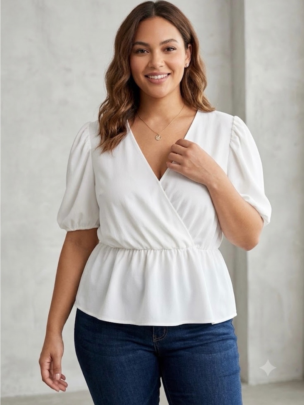 Leyden White Wrap Peplum Blouse with Puff Sleeves